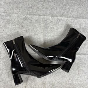 Black Faux Patent Square Toe Ankle Boots Block Heel Side Zip Womens EU Size 38
